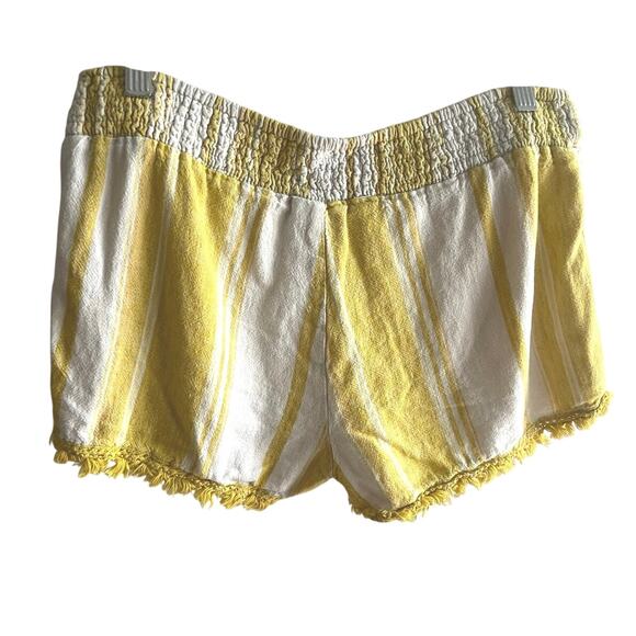 Boho Yellow Striped Fringe Shorts No Boundaries M Linen Blend Smocked Waist‎ - Picture 1 of 4